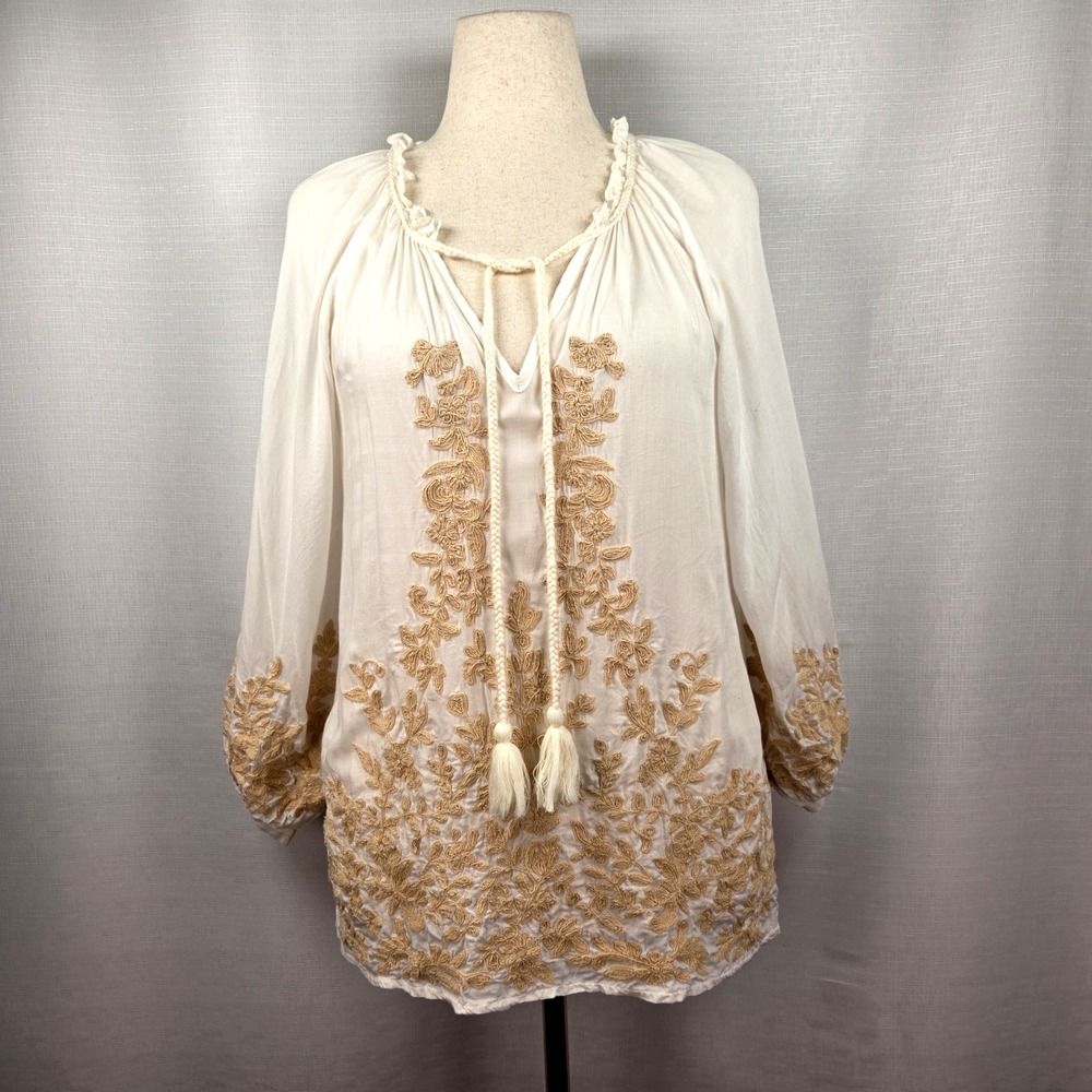 Sundance Dulce De Leche Top Women's XS/S White Embroidered Peasant‎ Boho Cottage